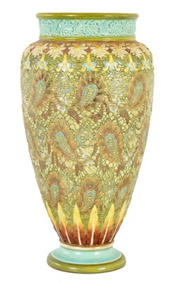 Lot 64 - A 19TH CENTURY DOULTON LAMBETH OVIOD FOOTED VASE