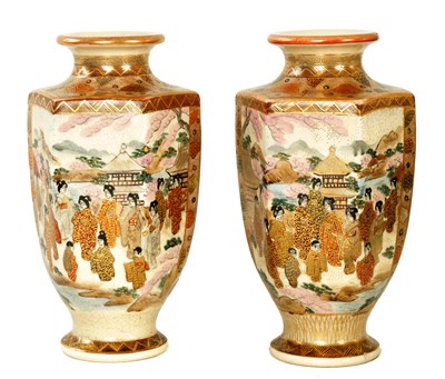 Lot 369 - A PAIR OF MEIJI PERIOD FOOTED HEXAGONAL BALUSTER SATSUMA VASES