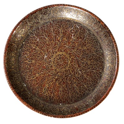 Lot 219 - A 19TH CENTURY PERSIAN HARDWOOD AND BRASS INLAID DISH