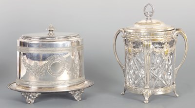 Lot 396 - TWO 19TH CENTURY SILVER PLATED BISCUIT BARRELS