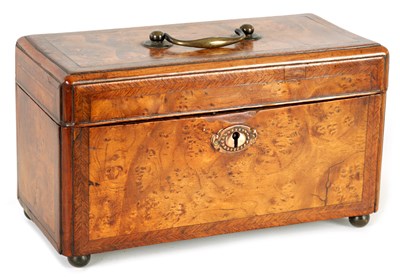 Lot 924 - A GEORGIAN BURR ELMWOOD AND HERRINGBONE CROSSBANDED TEA CADDY