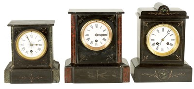 Lot 917 - THREE LATE 19TH CENTURY BLACK SLATE MANTEL CLOCKS