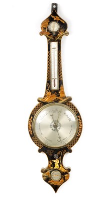 Lot 912 - WEHRLE & STEUERT, 82 WHITECHAPEL. A 19TH CENTURY LACQUERED CHINOISERIE WHEEL BAROMETER