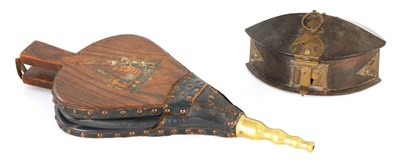 Lot 657 - A 19TH CENTURY ELM LEATHER AND BRASS FIRE BELLOWS