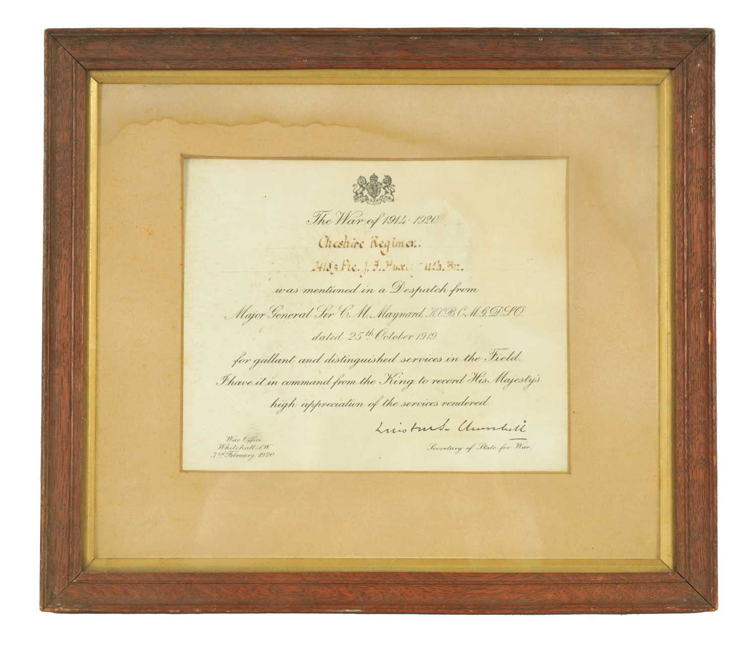 Lot 454 - A WW1 MENTIONED IN THE DISPATCHES CERTIFICATE