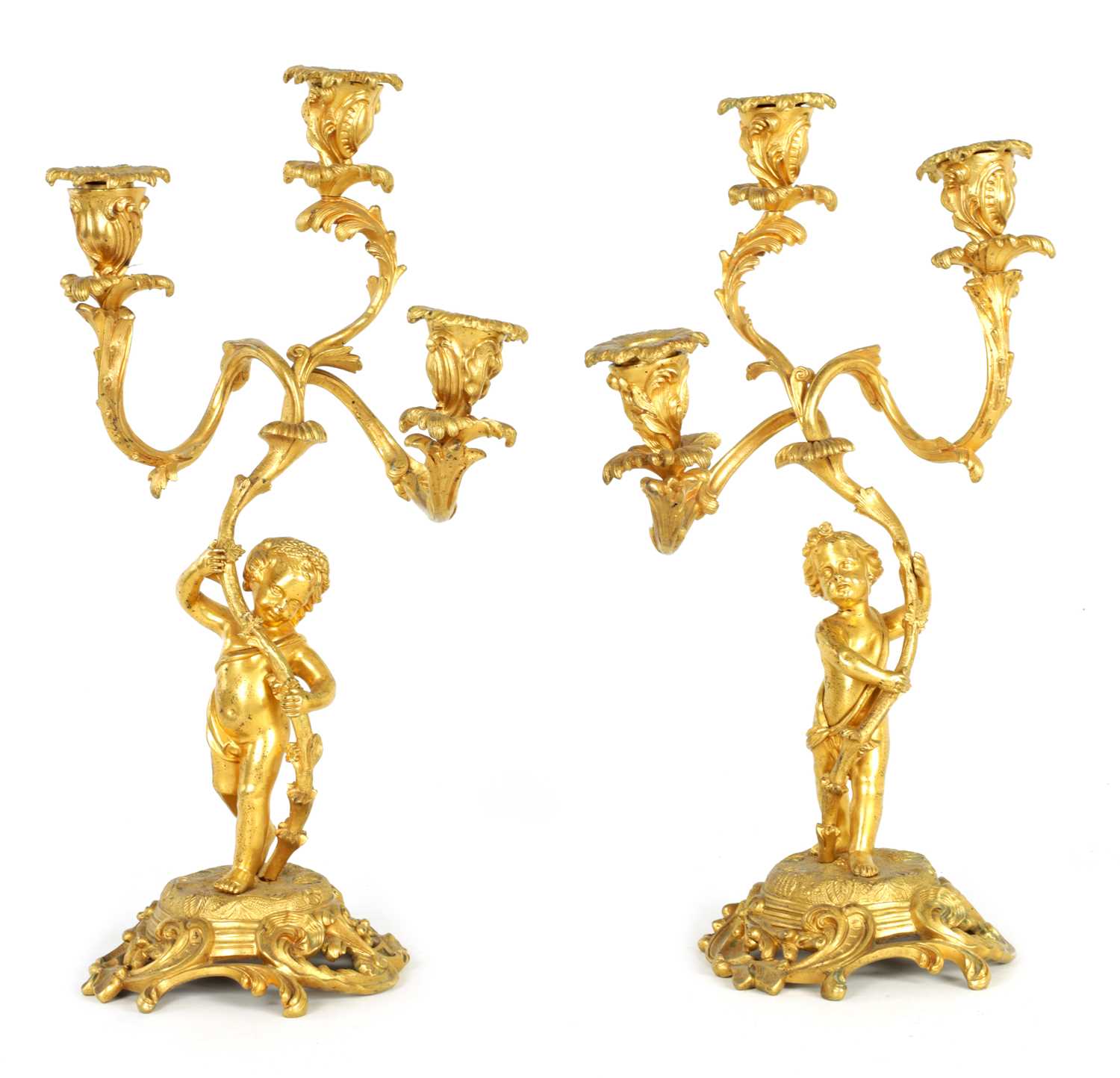 Lot 452 - A PAIR OF 19TH CENTURY ORMOLU FIGURAL THREE BRANCH CANDELABRA