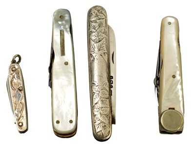 Lot 452 - A COLLECTION OF FOUR SILVER AND MOTHER-OF-PEARL POCKET KNIVES