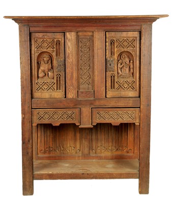 Lot 1054 - AN 18TH CENTURY AND LATER CARVED OAK CONTINENTAL CUPBOARD