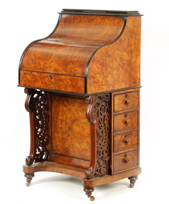 Lot 1058 - A 19TH CENTURY BURR WALNUT PIANO TOP DAVENPORT