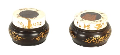 Lot 262 - A PAIR OF MEIJI PERIOD JAPANESE IVORY, LACQUER AND ROSEWOOD BOWLS