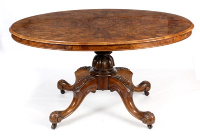 Lot 1009 - A VICTORIAN BURR WALNUT OVAL TILT TOP CENTRE TABLE