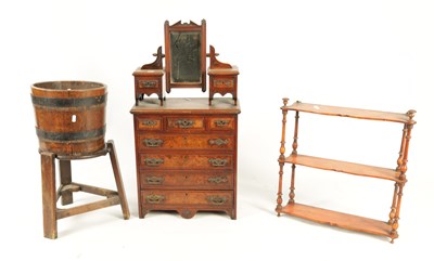 Lot 788 - AN EARLY 2OTH CENTURY COPPERED OAK JARDINIERE ON STAND,A SET OF PINE HANGING SHELEVES AND A MINIATURE DRESSING TABLE CHEST