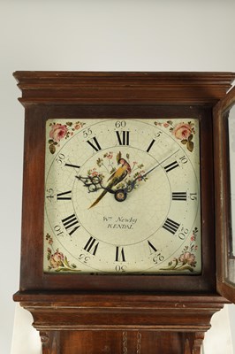 Lot 863 - WILLIAM NEWBY, KENDAL. A MID 18TH CENTURY PAINTED DIAL HOODED WALL CLOCK