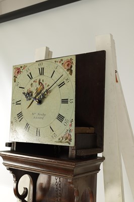 Lot 863 - WILLIAM NEWBY, KENDAL. A MID 18TH CENTURY PAINTED DIAL HOODED WALL CLOCK