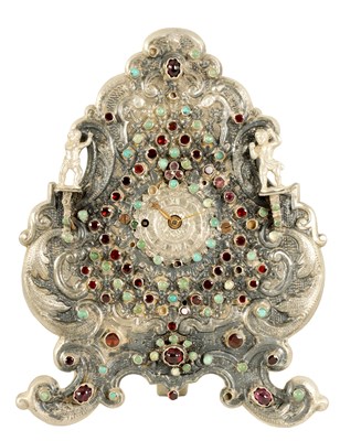 Lot 1106 - A CASED 19TH CENTURY AUSTRO HUNGARIAN JEWELLED SILVER STRUT CLOCK