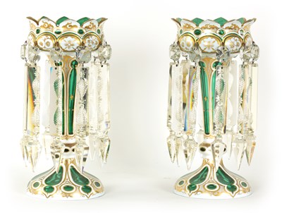 Lot 13 - A FINE PAIR OF 19TH CENTURY  BOHEMIAN GREEN AND WHITE OVERLAY GLASS LUSTRES