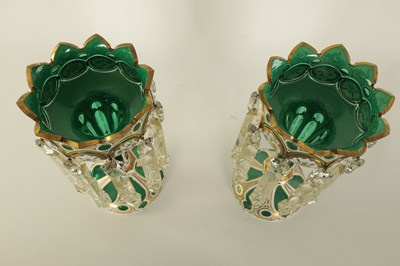 Lot 13 - A FINE PAIR OF 19TH CENTURY  BOHEMIAN GREEN AND WHITE OVERLAY GLASS LUSTRES