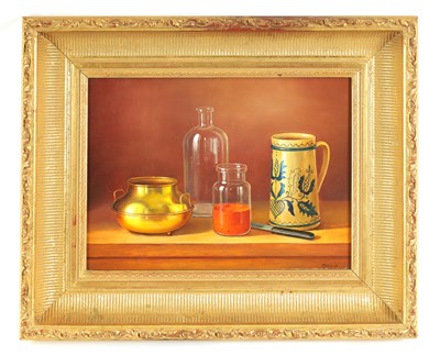 Lot 381 - ANDRES GOMBAR  20TH CENTURY HUNGARIAN OIL ON WOOD PANEL - STILL LIFE