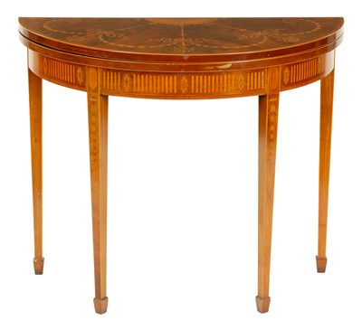 Lot 870 - A LATE 19TH CENTURY INLAID MAHOGANY SHERATON STYLE DEMI LUNE CARD TABLE