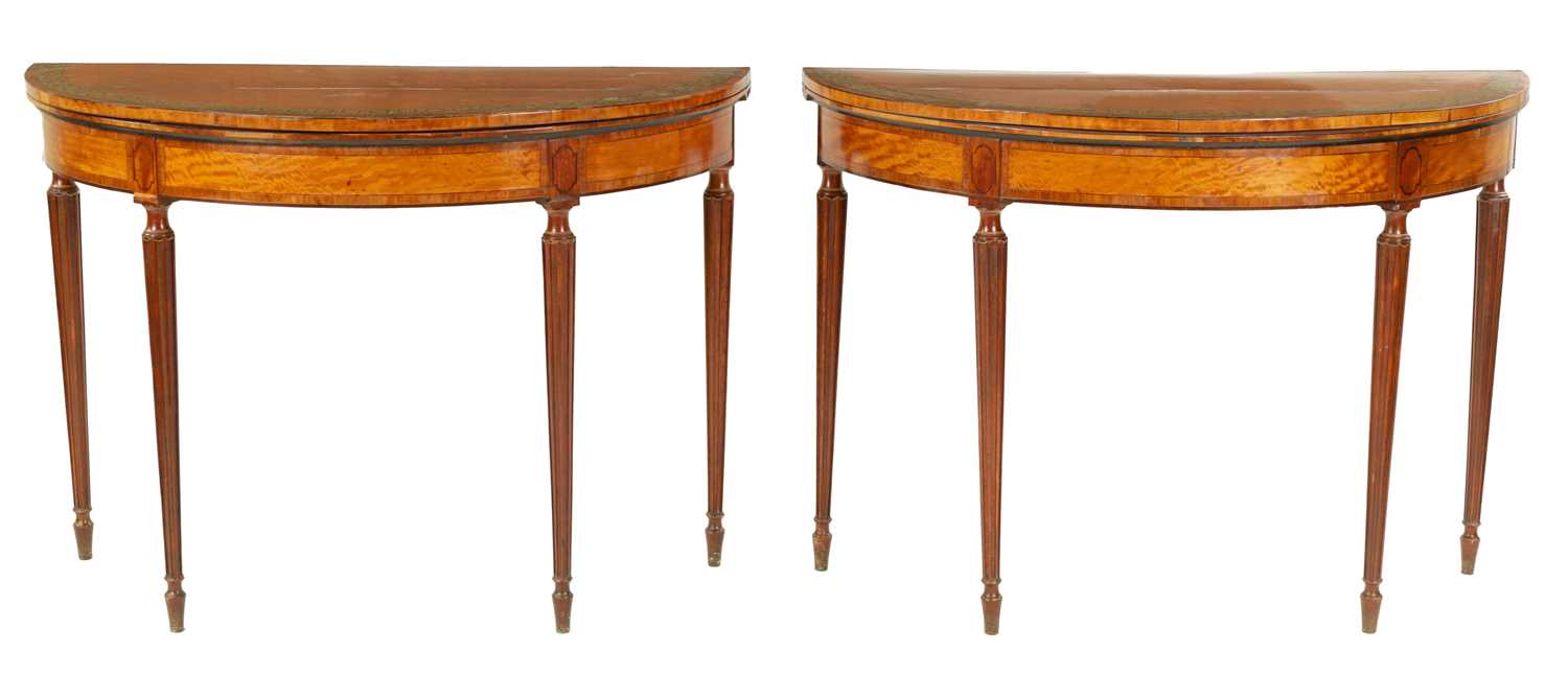 Lot 970 - A FINE PAIR OF LATE 18TH CENTURY SHERATON DESIGN SATINWOOD DEMI LUNE CARD TABLES