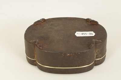 Lot 212 - A JAPANESE MEIJI PERIOD SILVER INLAID AND LINED SHAPED OVAL IRONWORK BOX