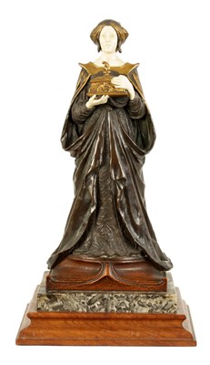 Lot 597 - ADOLF FERDINAND WALTER JAHN (1858 - 1941) AN ART NOUVEAU MIXED MEDIA SCULPTURE IN WOOD, MARBLE, BRONZE AND IVORY