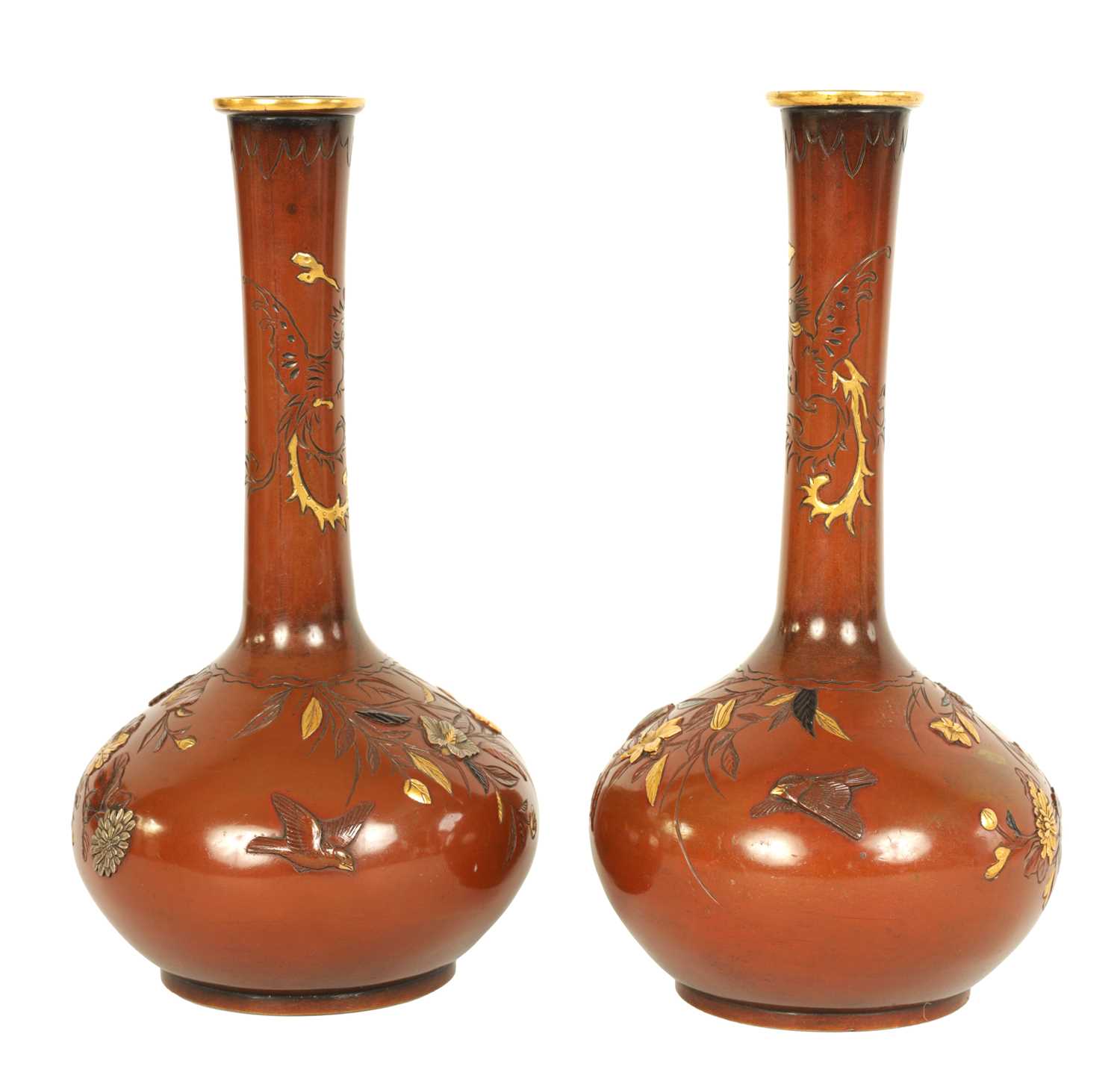 Lot 198 - A PAIR OF JAPANESE MEIJI PERIOD MIXED METAL INLAID BRONZE VASES