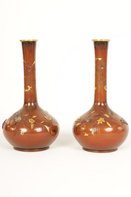 Lot 198 - A PAIR OF JAPANESE MEIJI PERIOD MIXED METAL INLAID BRONZE VASES