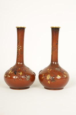 Lot 198 - A PAIR OF JAPANESE MEIJI PERIOD MIXED METAL INLAID BRONZE VASES