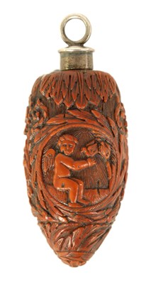 Lot 508 - A FINELY CARVED 19TH CENTURY FRENCH COQUILLA NUT SCENT FLASK