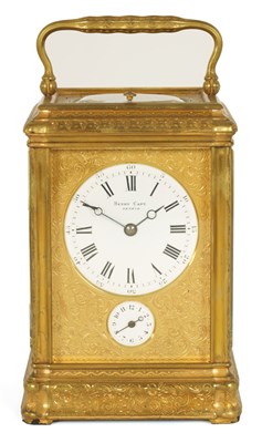 Lot 709 - DROCOURT.  A 19TH CENTURY FRENCH GILT ENGRAVED GORGE CASE GRAND SONNERIE REPEATING CARRIAGE CLOCK