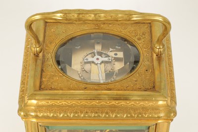 Lot 709 - DROCOURT.  A 19TH CENTURY FRENCH GILT ENGRAVED GORGE CASE GRAND SONNERIE REPEATING CARRIAGE CLOCK