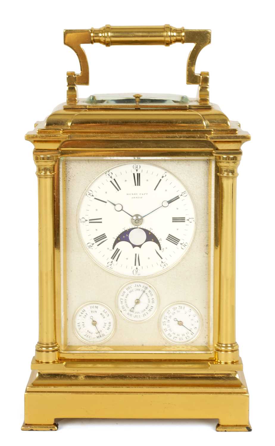 Lot 713 - MARGAINE.  A FINE AND RARE 19TH CENTURY FRENCH GRAND SONNERIE CARRIAGE CLOCK WITH MOONPHASE AND CALENDAR