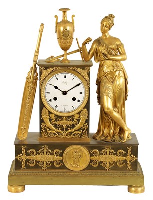 Lot 767 - BAILLY A PARIS. AN EARLY 19TH CENTURY FRENCH FIGURAL BRONZE AND ORMOLU MANTEL CLOCK