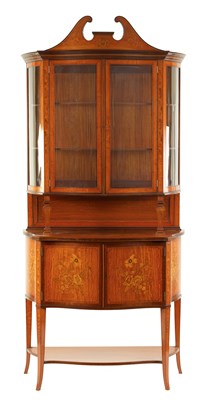 Lot 995 - EDWARDS AND ROBERTS. A FINE EDWARDIAN INLAID SATINWOOD SERPENTINE SHAPED DISPLAY CABINET