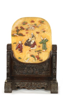Lot 179 - A 19TH CENTURY CHINESE INLAID JADE TABLET ON STAND