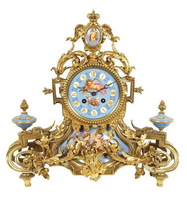 Lot 779 - HOWELL & JAMES, PARIS.  A LATE 19TH CENTURY FRENCH BRASS AND PORCELAIN  PANELLED MANTEL CLOCK