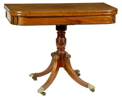 Lot 1106 - A REGENCY BRASS INLAID MAHOGANY FOLD-OVER TEA TABLE