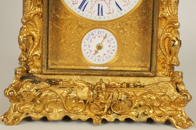 Lot 712 - A FINE MID 19TH CENTURY GILT BRASS FRENCH ROCOCO REPEATING CARRIAGE CLOCK WITH ALARM OF SMALL SIZE - THE CASE WITH MAKERS STAMP TO THE BASE PLATE  S.WEHL. ST. PETERSBURG