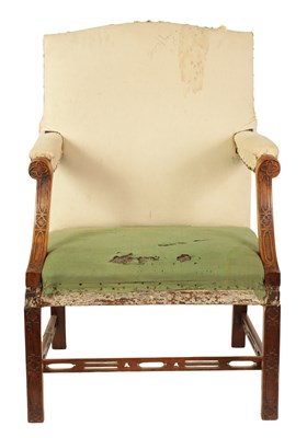 Lot 962 - AN EARLY GEORGE III CHIPPENDALE DESIGN MAHOGANY UPHOLSTERED GAINSBOROUGH CHAIR  OF GENEROUS SIZE