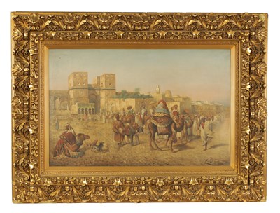 Lot 447 - AN IMPRESSIVE 19TH CENTURY ITALIAN OIL ON CANVAS DEPICTING AN EASTERN MARKET SCENE