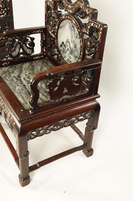 Lot 216 - A PAIR OF 19TH CENTURY  MOTHER OF PEARL INLAID CHINESE HARDWOOD ARMCHAIRS