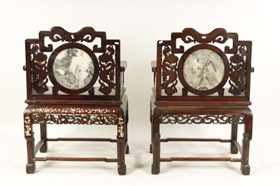 Lot 216 - A PAIR OF 19TH CENTURY  MOTHER OF PEARL INLAID CHINESE HARDWOOD ARMCHAIRS