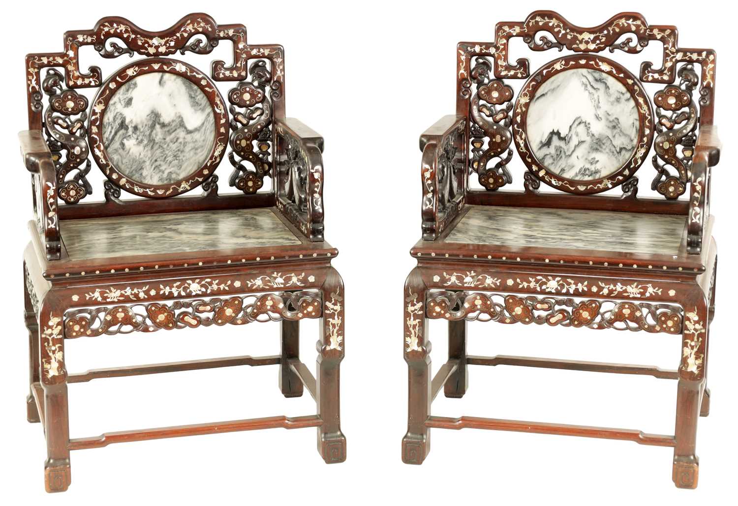 Lot 216 - A PAIR OF 19TH CENTURY  MOTHER OF PEARL INLAID CHINESE HARDWOOD ARMCHAIRS