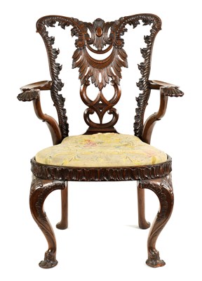 Lot 885 - A 19TH CENTURY MAHOGANY CHIPPENDALE DESIGN OPEN ARMCHAIR