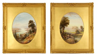 Lot 63 - RAYMOND RUSHTON A FINE PAIR OF ROYAL WORCESTER GREEK AND TURKISH SCENES LARGE OVAL FRAMED PORCELAIN PLAQUES