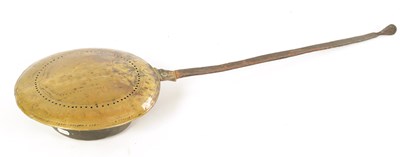 Lot 450 - A CHARLES II BRASS AND IRONWORK WARMING PAN DATED 164?