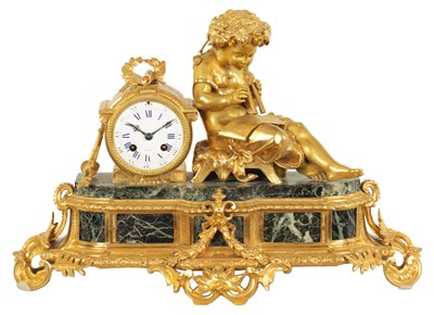 Lot 821 - A LATE 19TH CENTURY FRENCH FIGURAL OMOLU AND VERDI ANTICO MARBLE MANTLE CLOCK