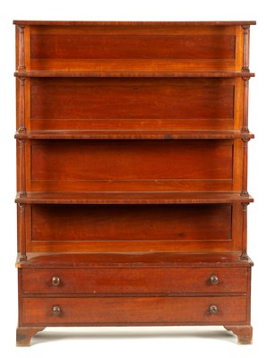 Lot 1296 - A REGENCY FIGURED MAHOGANY WATERFALL OPEN BOOKCASE