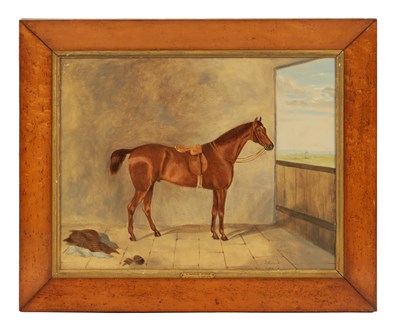 Lot 400 - J. LAWRENCE (1836 - 1849) 19TH CENTURY OIL ON CANVAS - SPORTING  PORTRAIT ENTITLED ‘A SADDLED HUNTER”